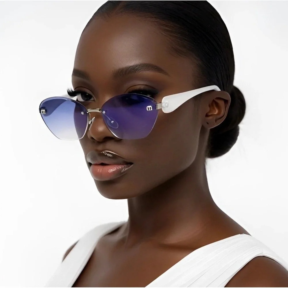 Rimless Cat Eye Sunglasses Blue Gradient Lens White Temples Trendy Vintage 2026‎